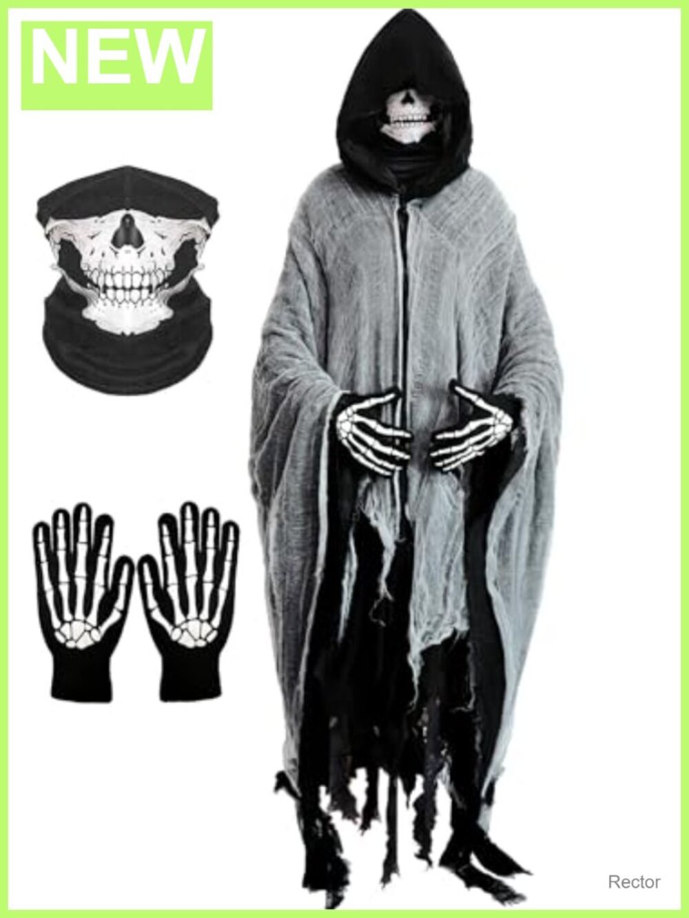 Grim Reaper Costume Hooded Cloak Skull Mask & Skeleton Gloves Set